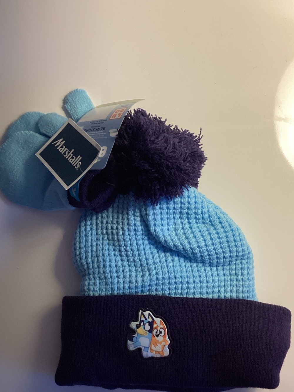 Berkshire Light Blue and Navy Kids Knit Beanie with Pom and Cartoon Patch